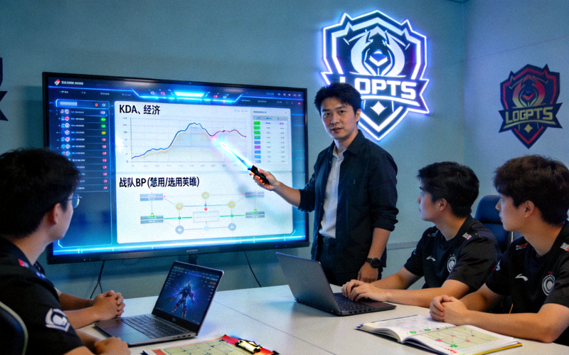 电竞战术复盘会议画面，分析师在大屏前讲解比赛数据与战队BP博弈过程